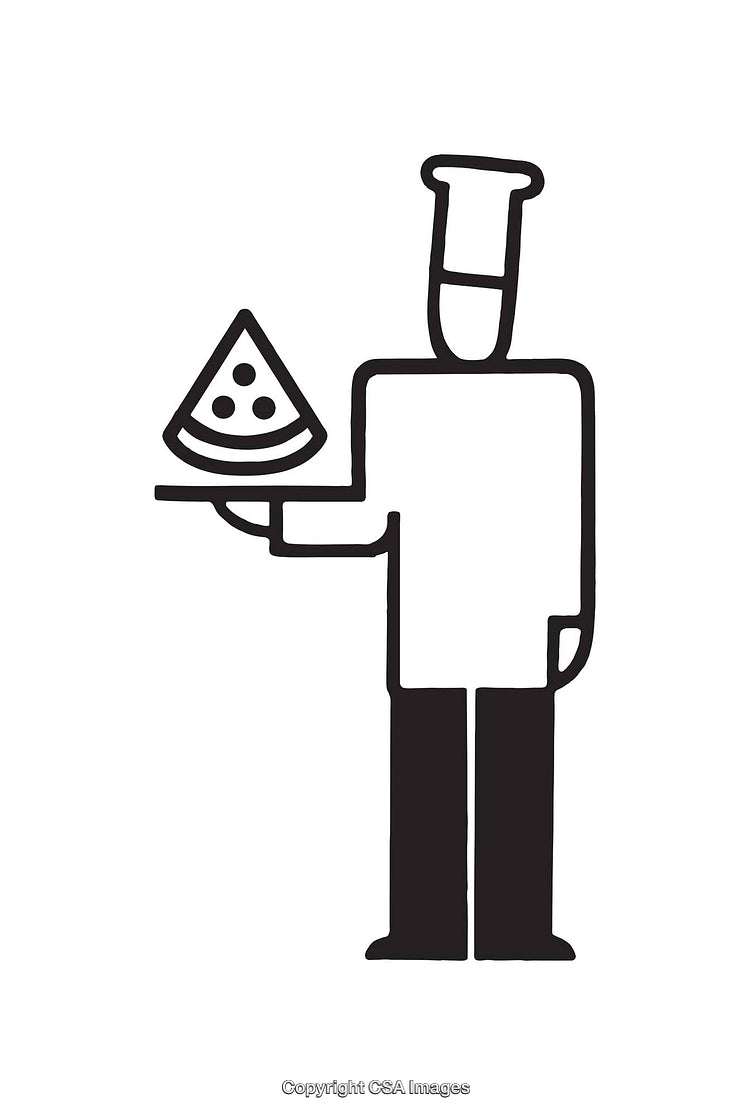 Monochrome Line Art Illustration of a Chef Holding a Slice of Pizza