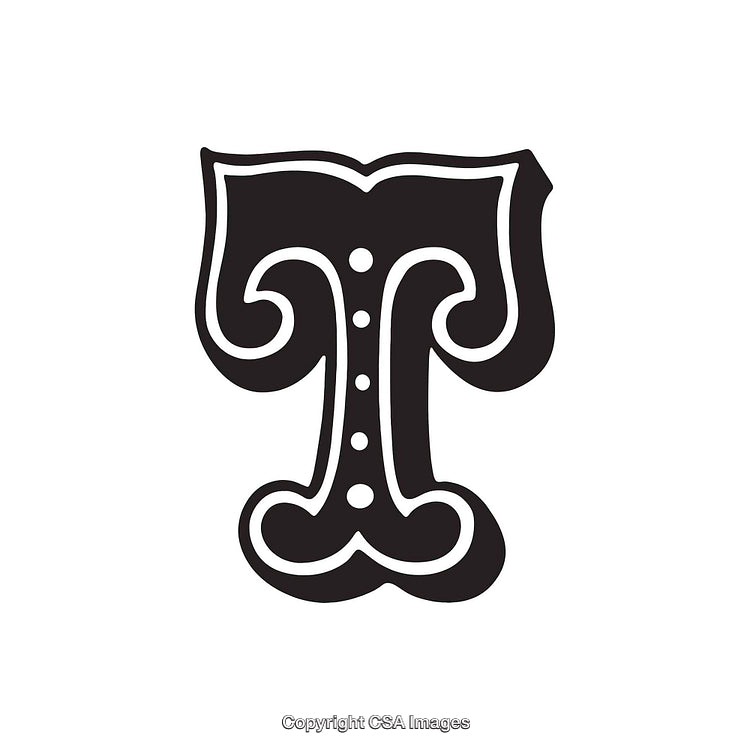 Ornate Decorative Letter T with Vintage Design Elements in Black