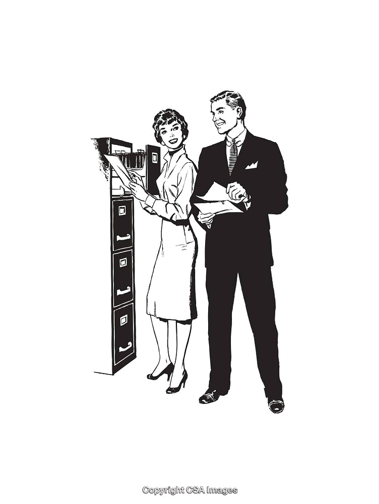 Retro Line Art of Businesspeople by Filing Cabinets