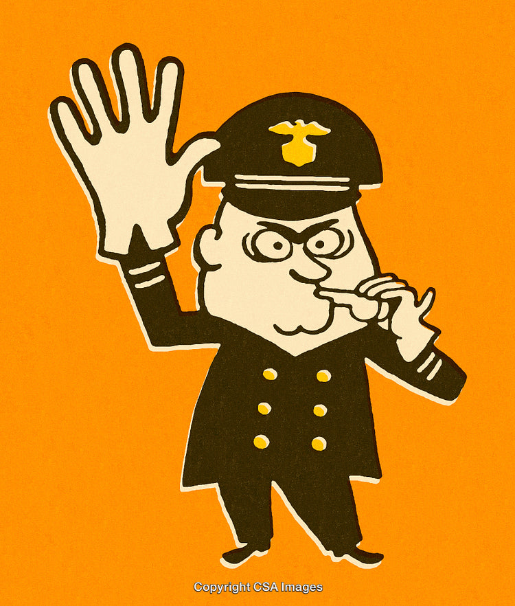 Cartoon Illustration of a Police Officer Making a Comical Hand Gesture