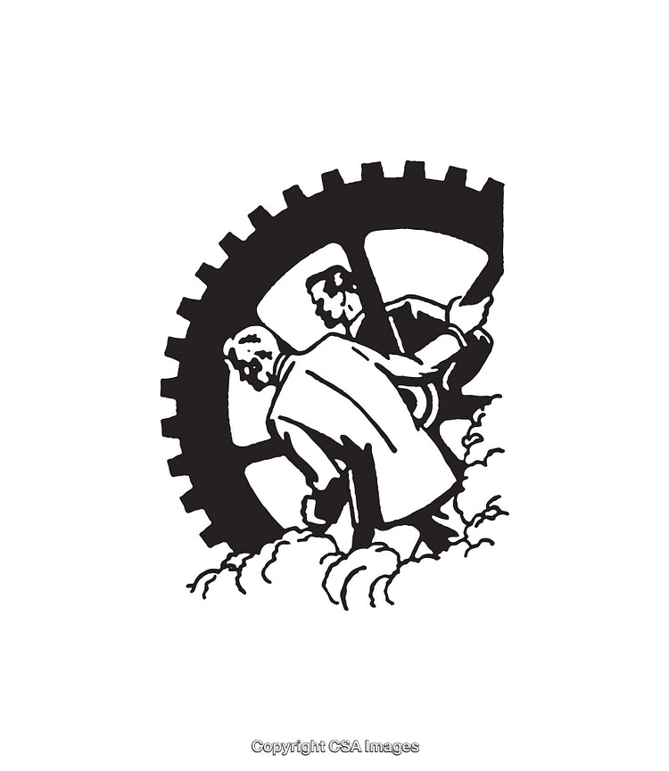 Industrial Workers Collaborating in Gear Machinery Line Art Illustration