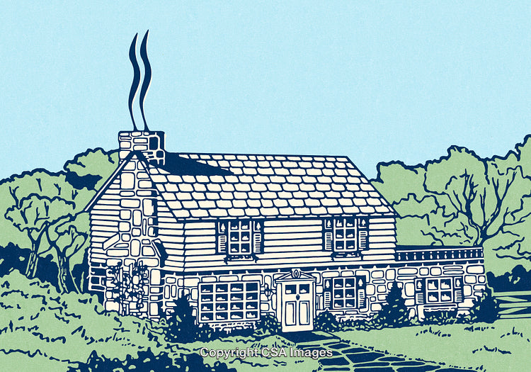 Charming Countryside Home Illustration Featuring Stone Masonry and Lush Greenery