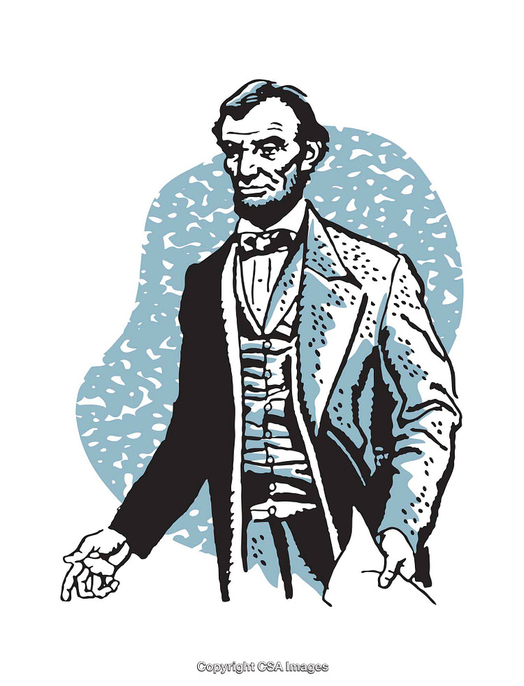 Stylized Illustration of Historical Figure in Formal Clothing on Abstract Background