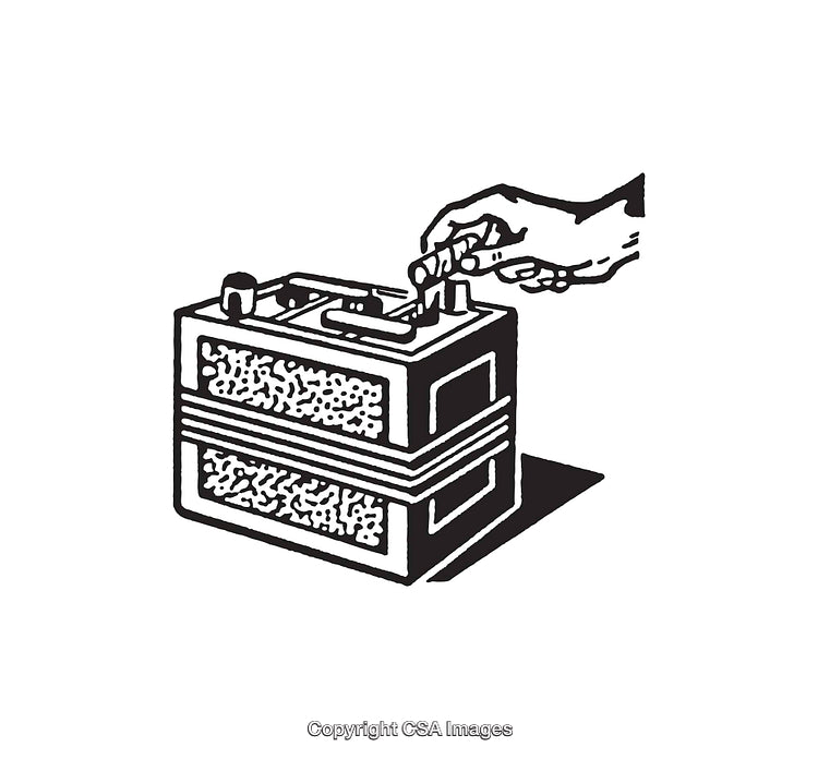 Hand Connecting Terminals on a Vehicle Battery in Vintage Line Art Style