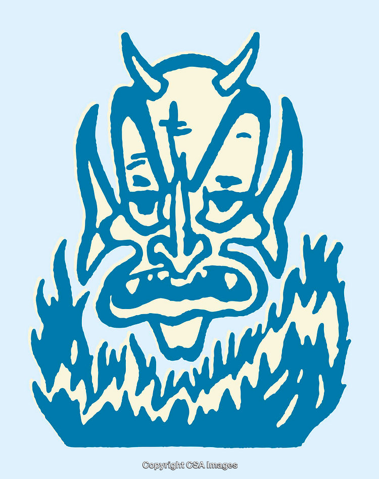 Blue Line Art Illustration of a Devilish Face Amidst Flames