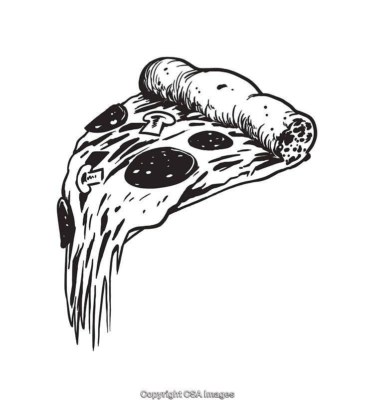 Black and White Line Art Illustration of a Pizza Slice with Cheese