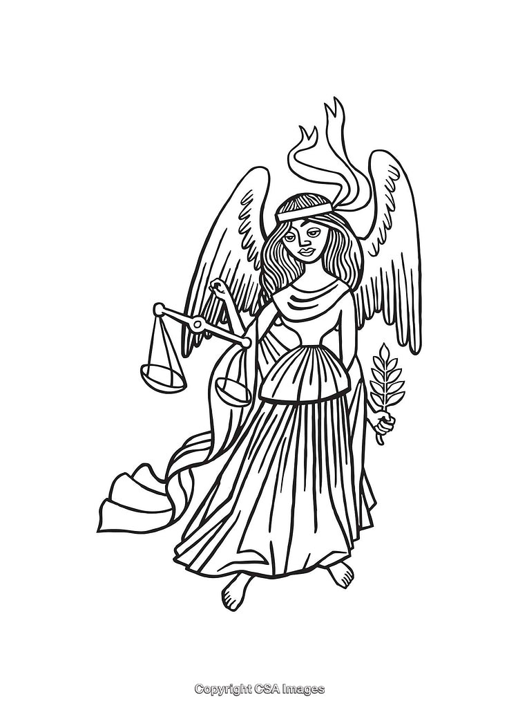 Elegant Black And White Angel Artwork Holding Scales And Olive Branch