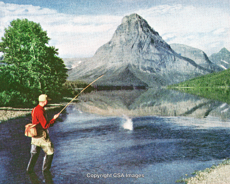 Fisherman Casts Line in Scenic Mountain Lake with Majestic Backdrop