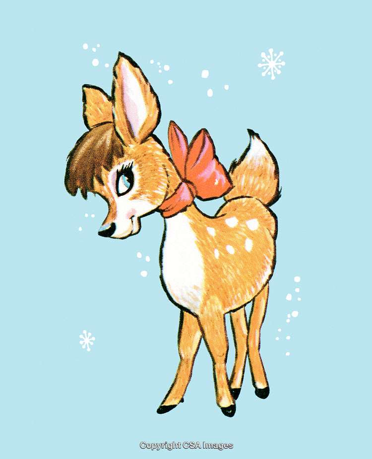 Cute Cartoon Deer With Red Bow in a Winter Scene