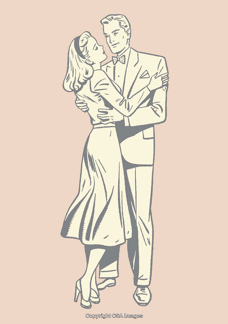 Romantic Couple Dancing in Classic Vintage Line Art Illustration