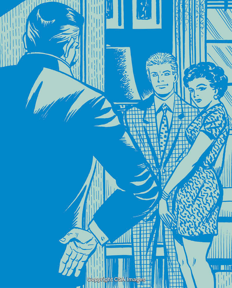Vintage Illustration of Two Individuals Being Overlooked by a Third Figure