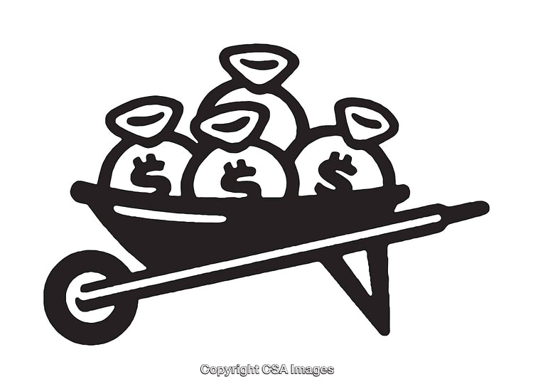 Black And White Illustration of Money Bags in a Wheelbarrow