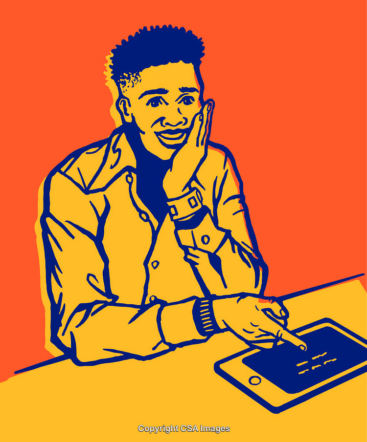 Cheerful Illustration of a Smiling Person Interacting With a Digital Tablet
