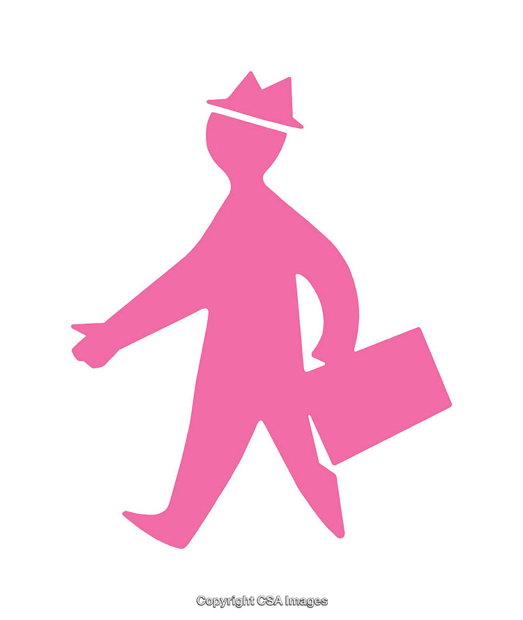 Pink Walk Sign Icon Depicting a Person in Hat and Briefcase