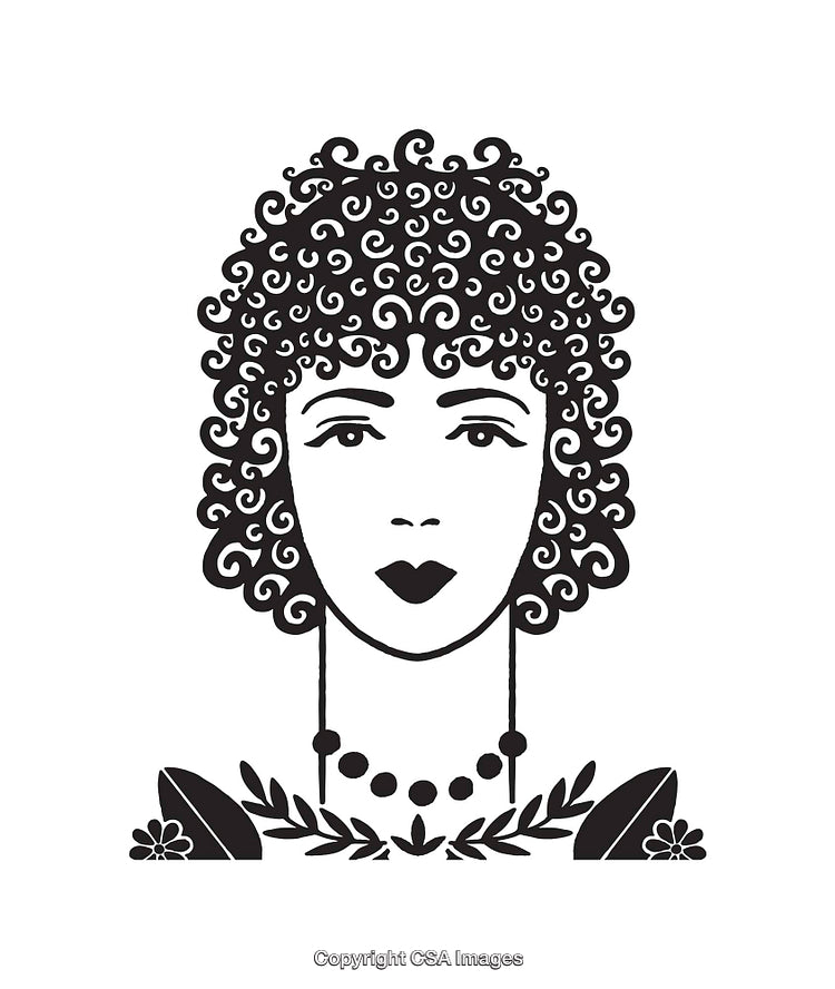 Black and White Line Art Illustration of Curly Haired Woman