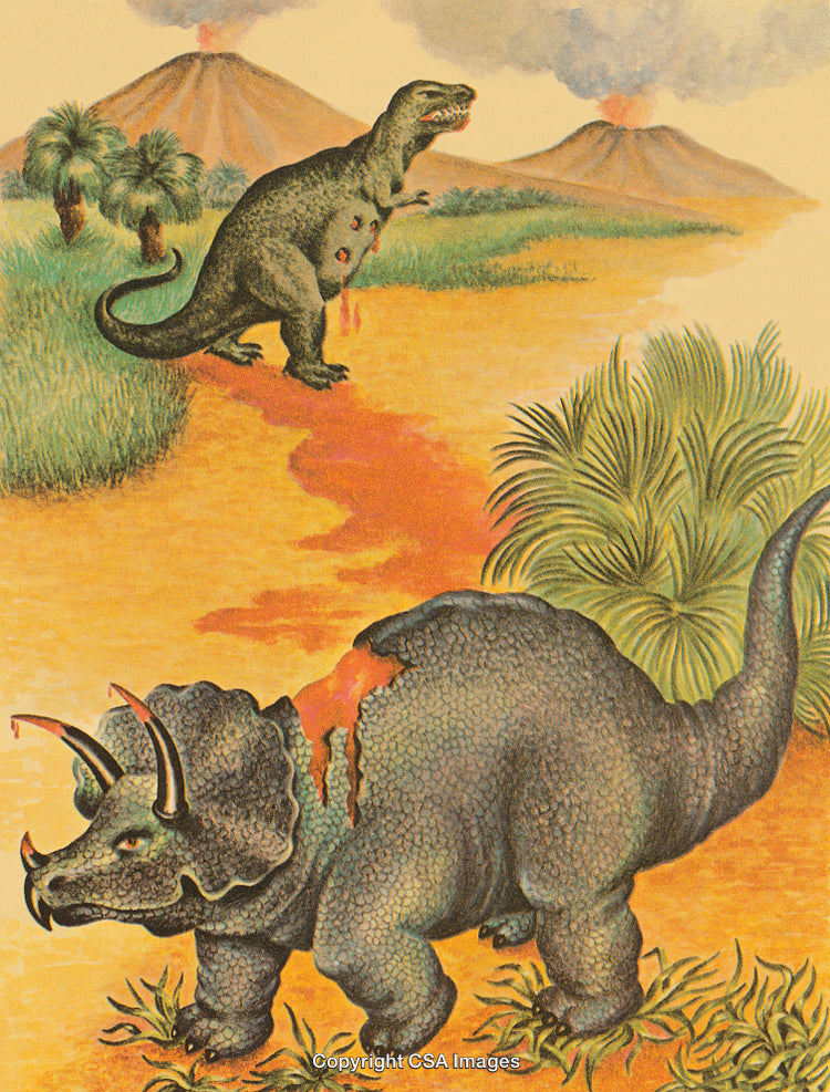 Dinosaur Encounter in Prehistoric Landscape With Volcanic and Predatory Action