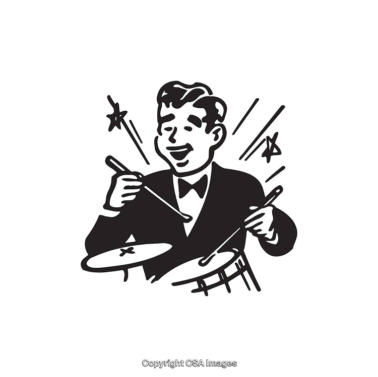 Retro Black and White Illustration of a Cheerful Drummer at Work