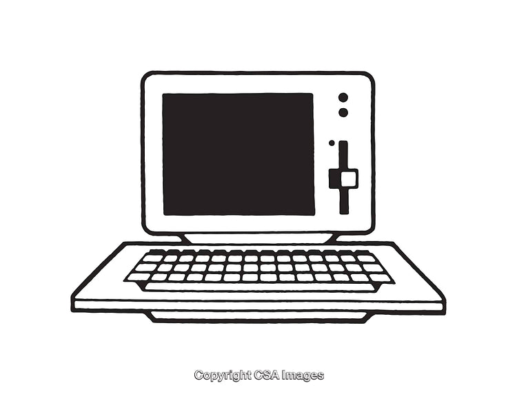 Simple Black and White Line Art Illustration of a Retro Computer