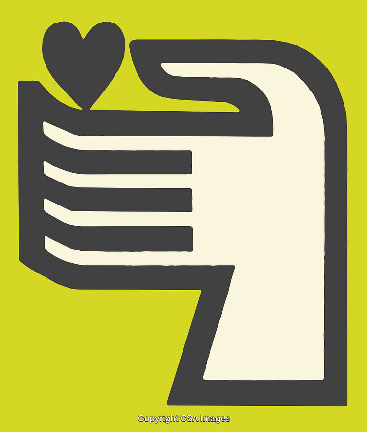 Modern Line Art Illustration Featuring Hand With Heart Symbol on Yellow Background