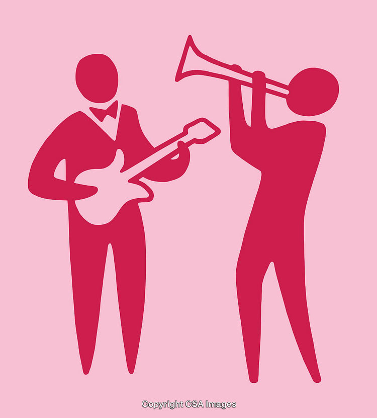Silhouetted Music Duo with Trumpet and Guitar Illustration on Pink Background