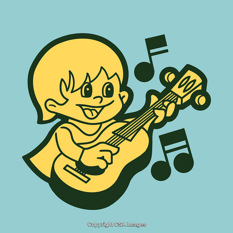Cute Cartoon Child Playing Acoustic Guitar with Musical Notes in Fun Style