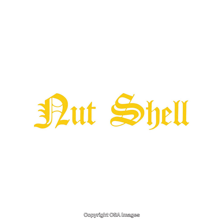 Yellow Gothic Font Text on White Background with 'Nut Shell' Wording