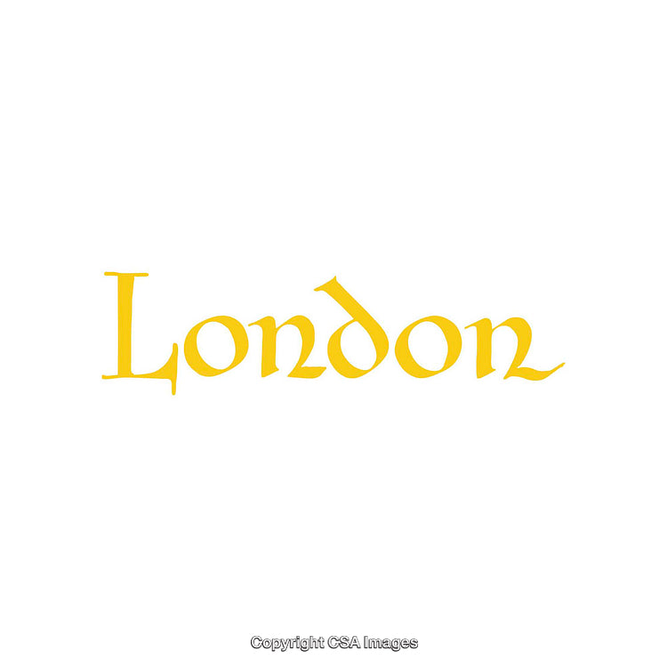 Stylized Yellow Lettering Depicting the Word London on White Background