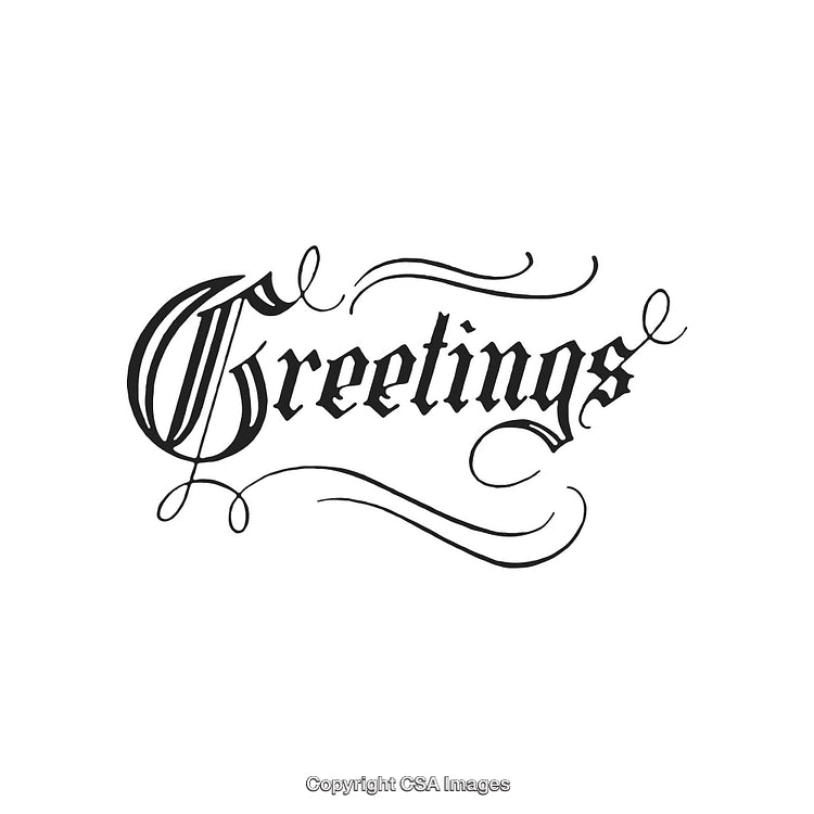 Elegant Hand-Lettered Greetings Design with Decorative Swirls and Ornamental Details