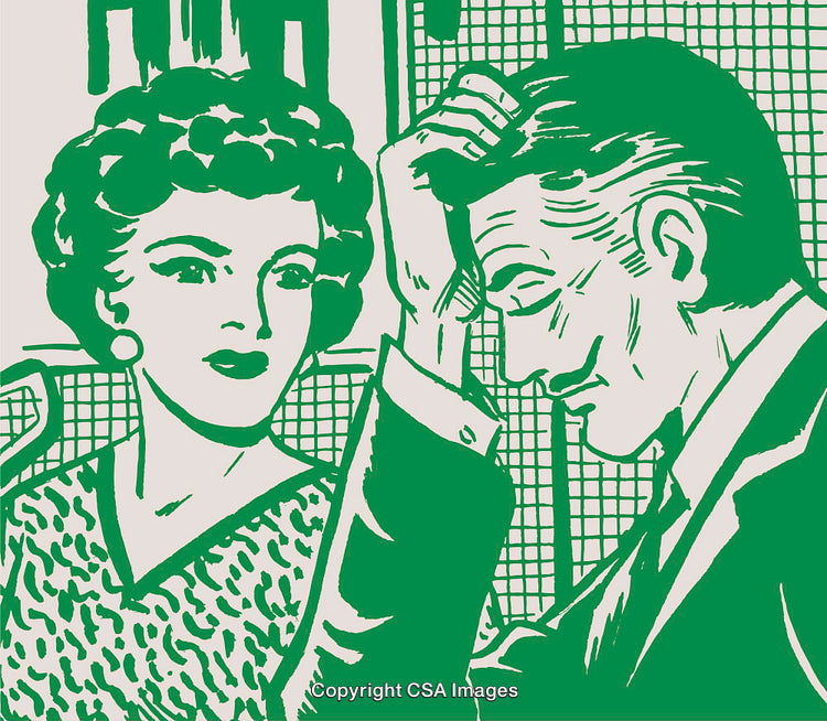 Vintage Illustration of a Man and Woman in a Thoughtful Exchange