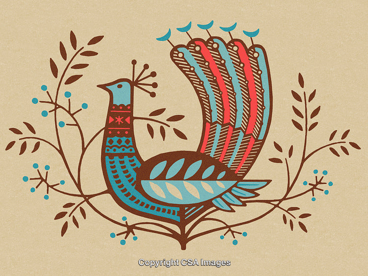 Traditional Folk Art Illustration of a Colorful Peacock on Vintage Background