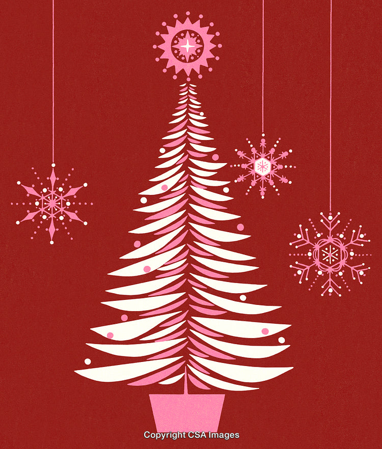 Vintage Christmas Tree Art With Snowflake Decorations on Red Background