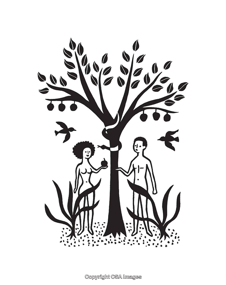 Black and White Line Drawing of a Biblical Garden Scene Illustration