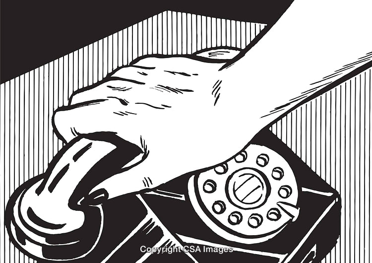 Hand Holding a Telephone Receiver Over a Retro Rotary Dial Phone