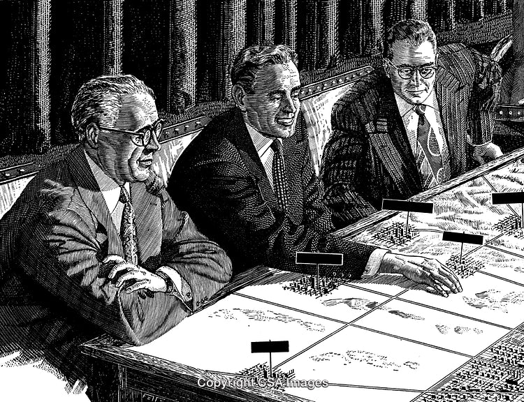 Engraved Illustration of Businessmen Engaged in Strategic Planning