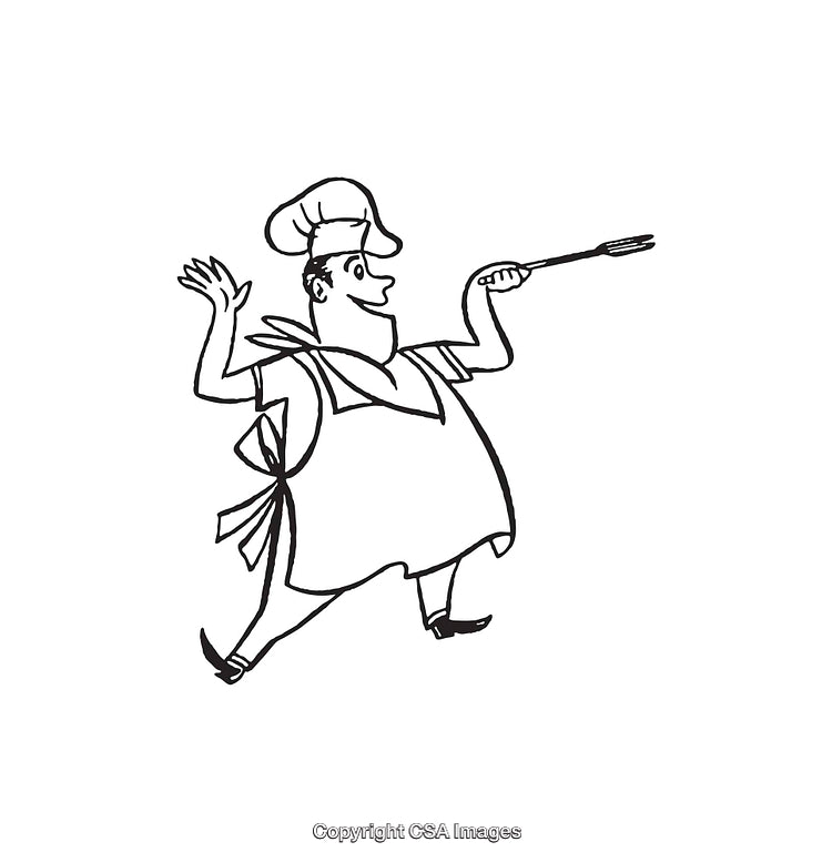 Chef Illustrated in Black and White Line Art Holding Cooking Utensils