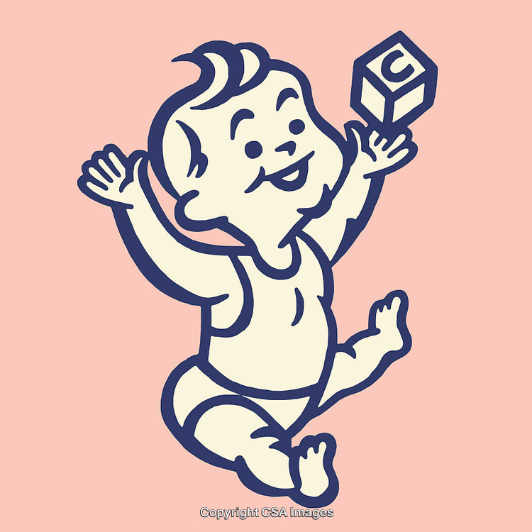 Adorable Retro Baby Illustration Holding a Toy Block in Line Art Style