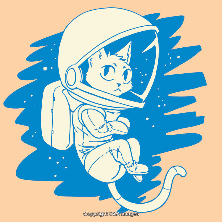 Cute Cat Astronaut Floating in Space in Colorful Line Art Style
