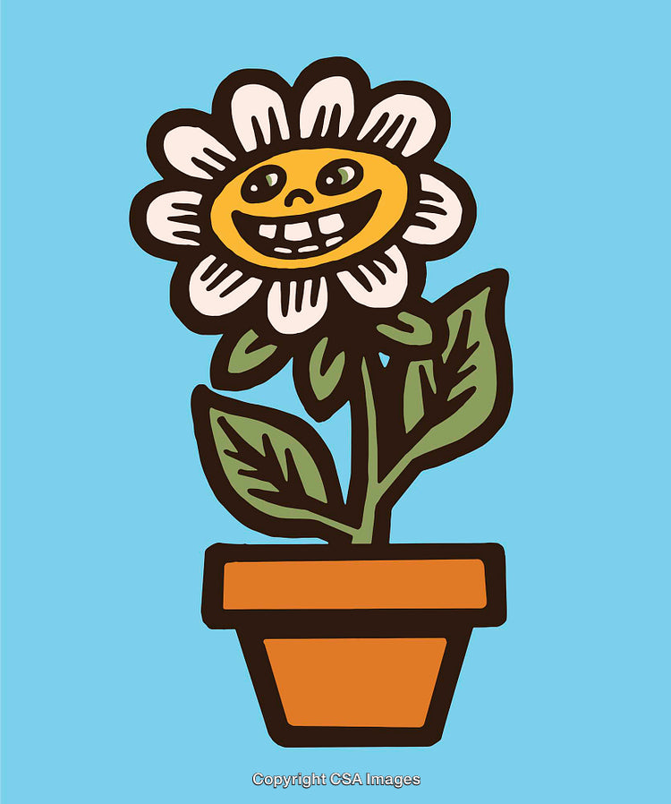 Cartoon Style Cheerful Flower Character in Pot with Colorful Background