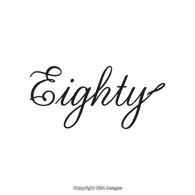 Elegant Script Display of the Word 'Eighty' in Black on White