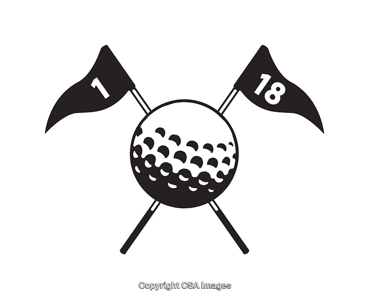 Black and White Line Art Golf Icon with Flags and Ball