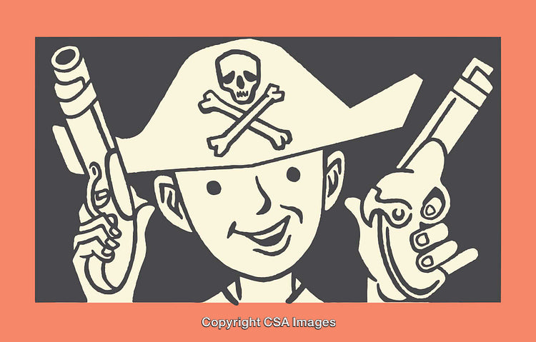 Whimsical Illustration of a Pirate Kid Holding Dual Pistols