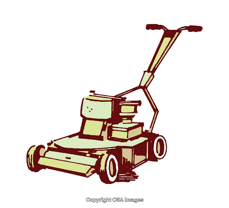 Vintage-Style Illustration of a Push Lawn Mower in Unique Colors