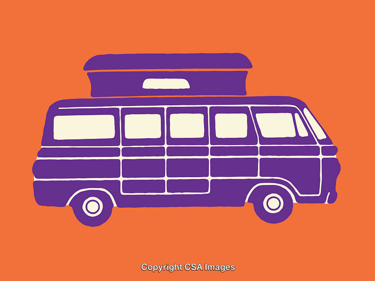 Retro Campervan Illustration in Purple on Bright Orange Background