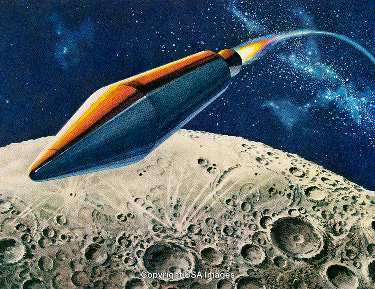 Retro Illustration of Rocket Exploring Outer Space Above Lunar Surface