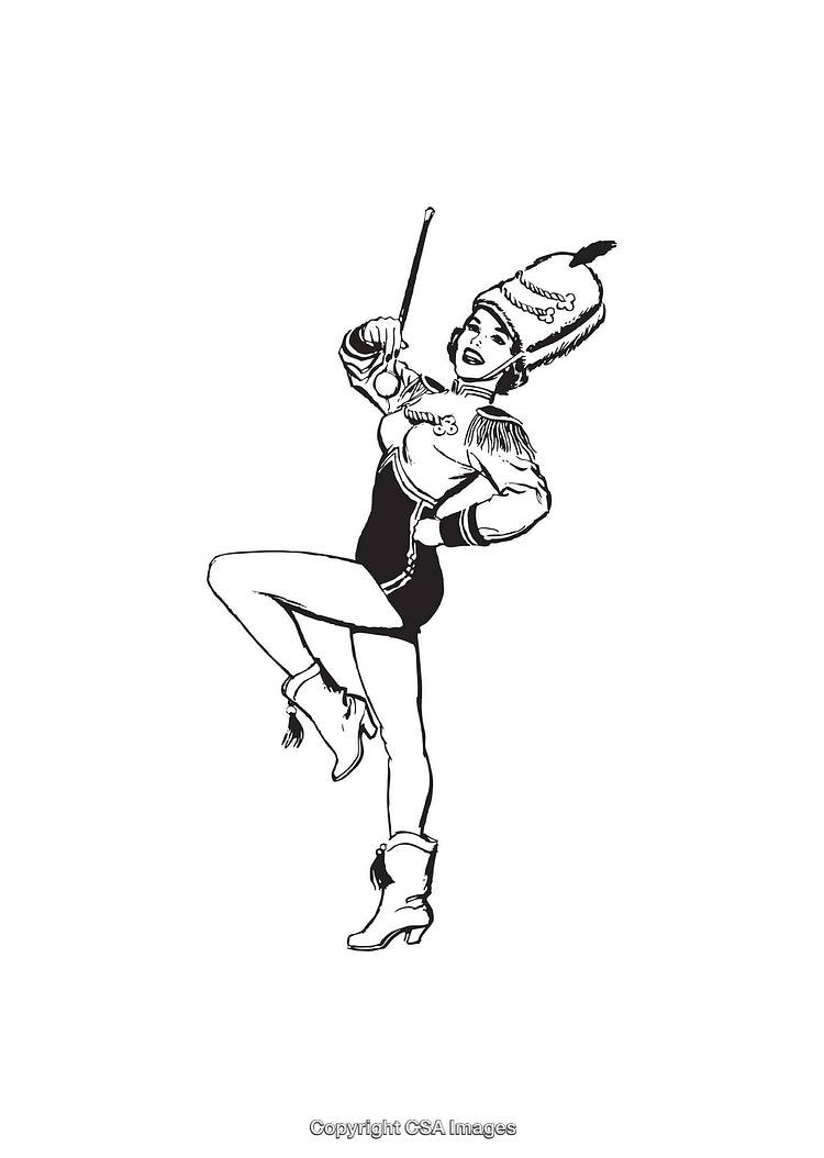 Retro Cheerleader in Marching Band Uniform Holding a Baton