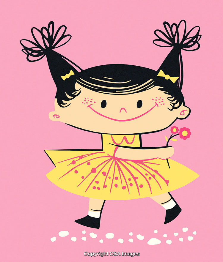 Smiling Cartoon Girl with Pigtails and Flower in Bright Yellow Dress