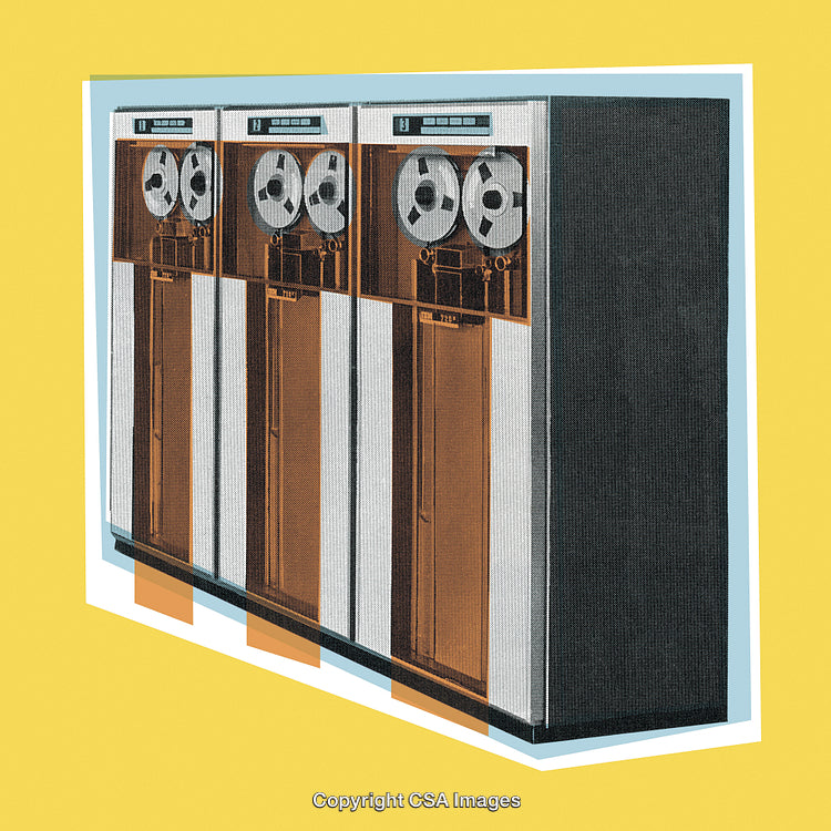 Retro Styled Illustration of Vintage Tape Storage Units on Yellow Background