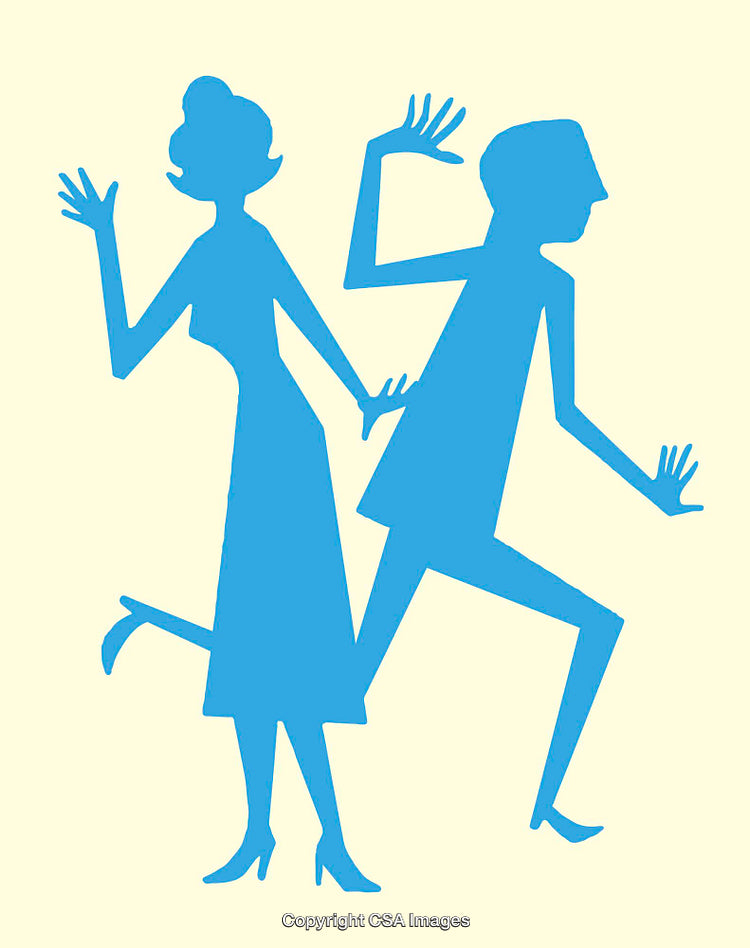 Dynamic Silhouette Illustration of Two Dancing Figures In Blue Art