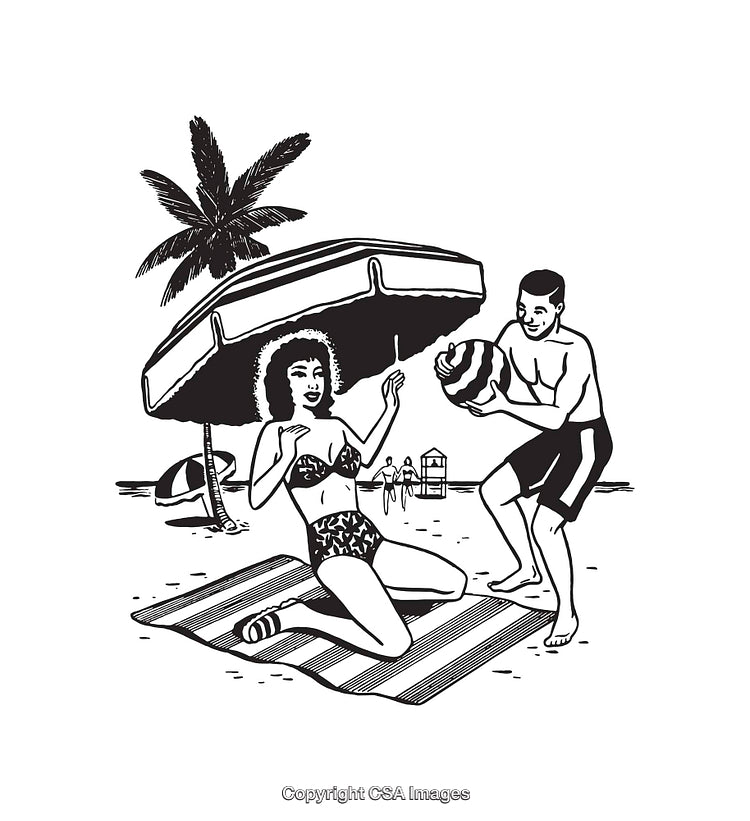Retro Beach Scene in Black and White Line Art Style Illustration