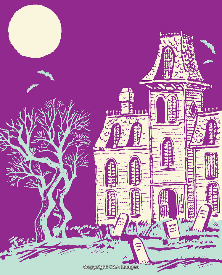 Haunted Mansion at Night with Full Moon and Tombstones